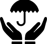 Black and white icon of two hands cupped under an umbrella, symbolizing safety, security, and insurance protection.