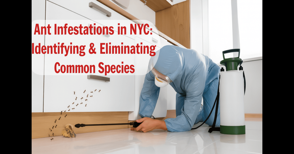 Exterminator in protective gear treating an ant infestation under kitchen cabinets in New York City.