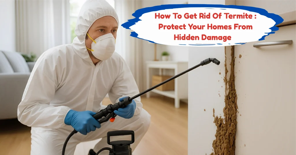 Pest control expert treating termite infestation on indoor wall to protect home from hidden structural damage.
