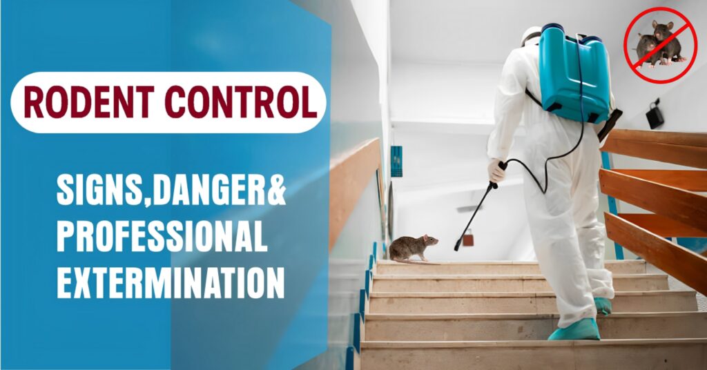 Pest control expert removing rats from indoor stairs, emphasizing rodent signs, health risks, and professional extermination.