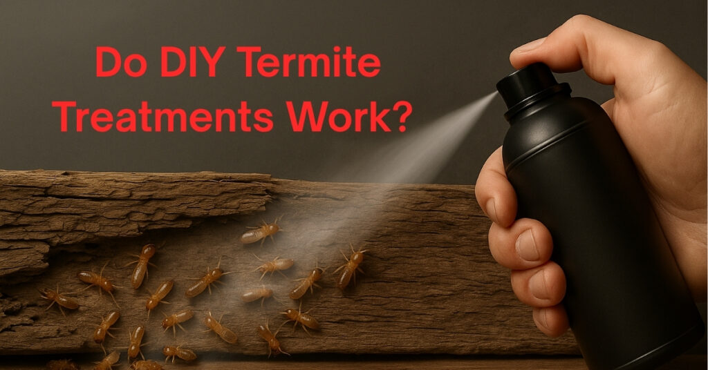 Hand spraying DIY termite treatment on infested wood with visible termites crawling on surface.