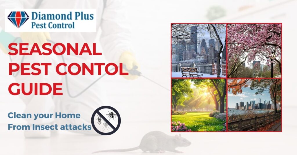 NYC seasonal pest control guide with winter, spring, summer, and fall views, promoting year-round home protection.