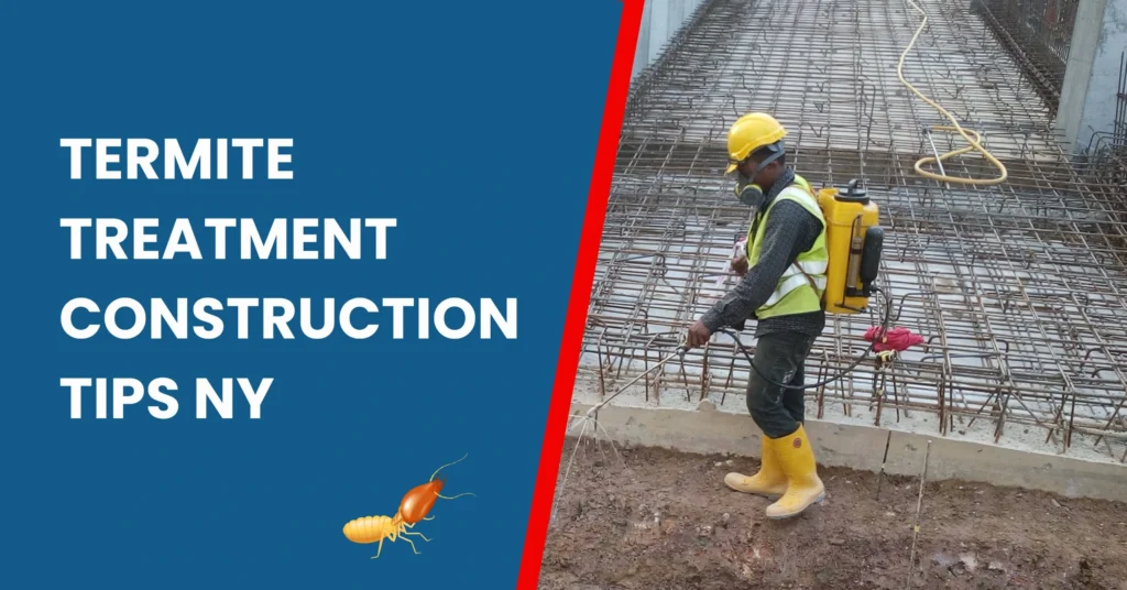 Worker applying termite treatment during construction in NY. Expert tips for termite protection in building foundations.