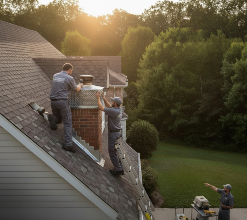 Two wildlife control technicians working on a home exterior. One is on a ladder sealing a vent opening on the roof to prevent raccoon re-entry, illustrating the exclusion phase of wildlife removal.