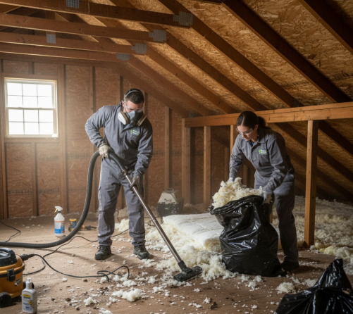 A wildlife control technician in a respirator and protective suit inspecting or repairing insulation inside a dark attic space, symbolizing post-removal cleanup and damage restoration.