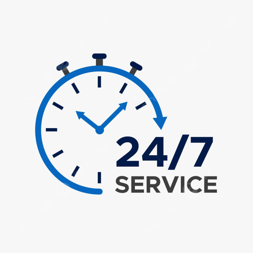 Blue clock icon with stopwatch buttons and an arrow showing 24/7 SERVICE text, indicating constant availability.