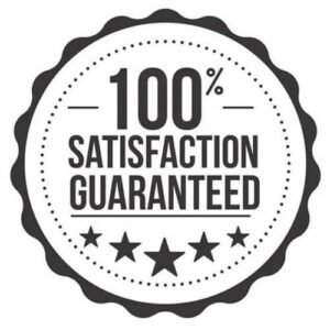 A circular badge stamp graphic reading 100% SATISFACTION GUARANTEED with five stars below, emphasizing quality service.