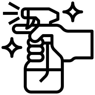 Line art icon of a hand squeezing a spray bottle trigger, with spray lines and sparkles indicating cleaning or treatment.