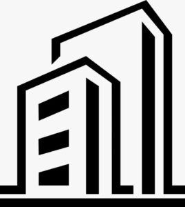 Black and white icon showing two simplified, stylized skyscraper buildings, representing commercial properties.