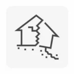 Black and white line icon of a house splitting in half above a cracked ground, symbolizing severe structural failure.