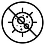 Black and white line icon of a virus cell with a strike-through diagonal line, representing germ prevention.