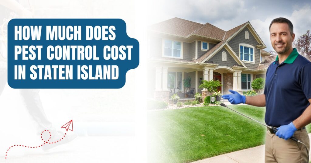 Pest control professional treating a Staten Island home lawn, illustrating residential and commercial pest control costs and services