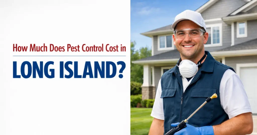Pest control technician standing outside a Long Island home, representing residential pest control cost and services